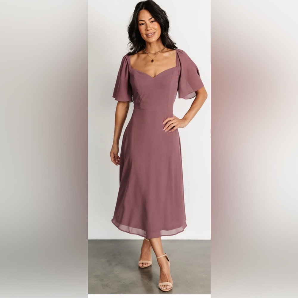 Baltic Born Purple Flutter Sleeve A-Line Midi Dress